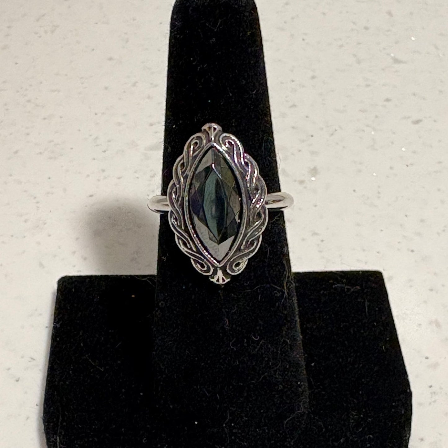 Vintage Avon Hematite Marquise Cut Silver Tone Ring